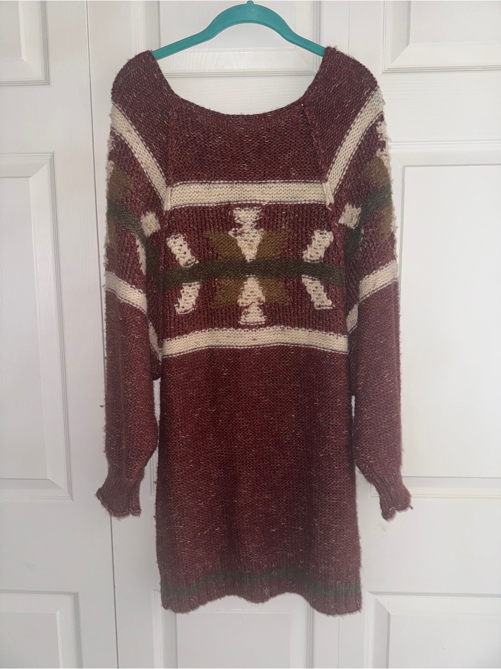 Free People Burgundy Patterned Scoop-Neck Knit Sweater